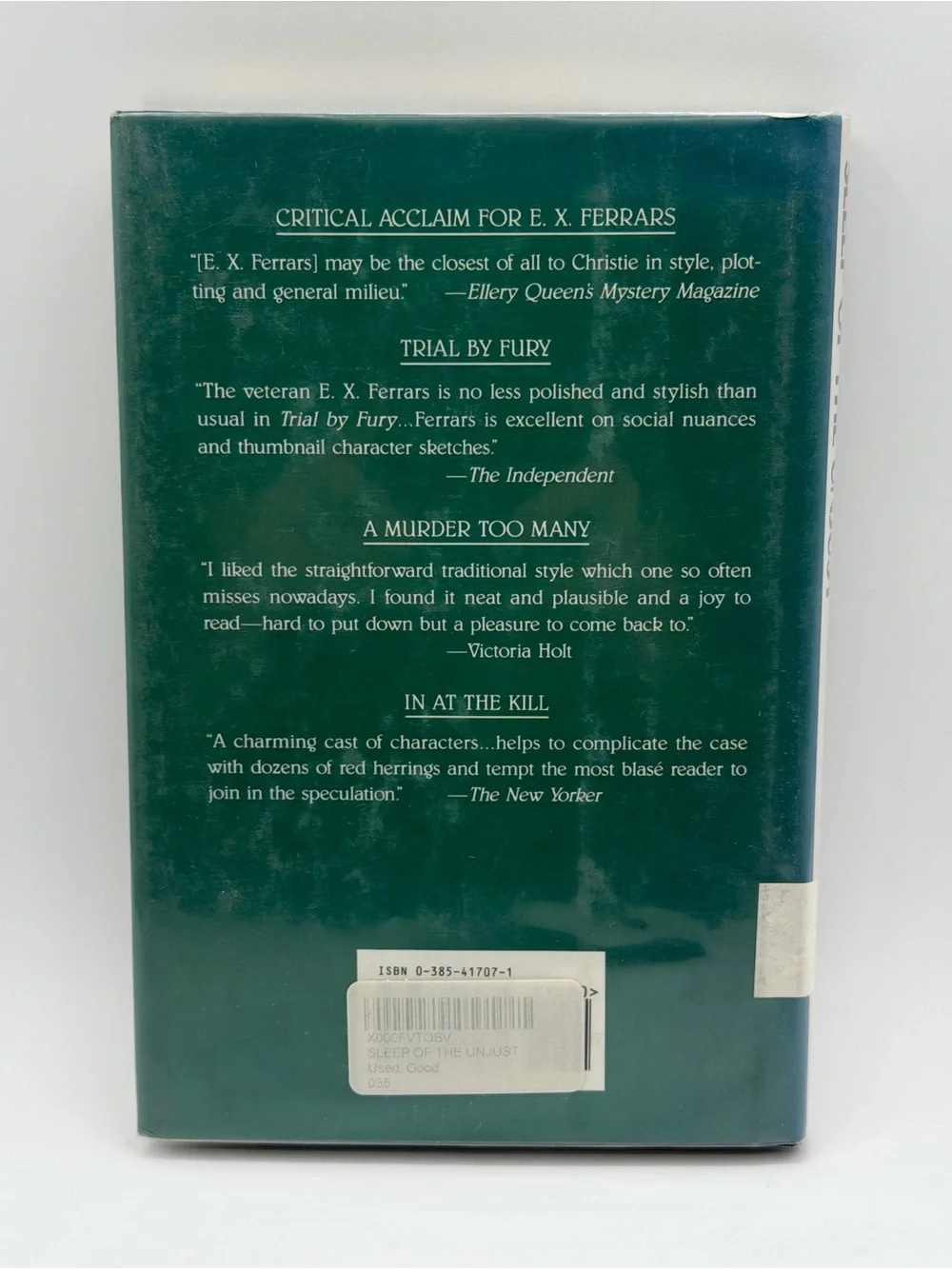 Sleep Of The Unjust by E. X. Ferrars Hardcover Book 1991 First Edition
