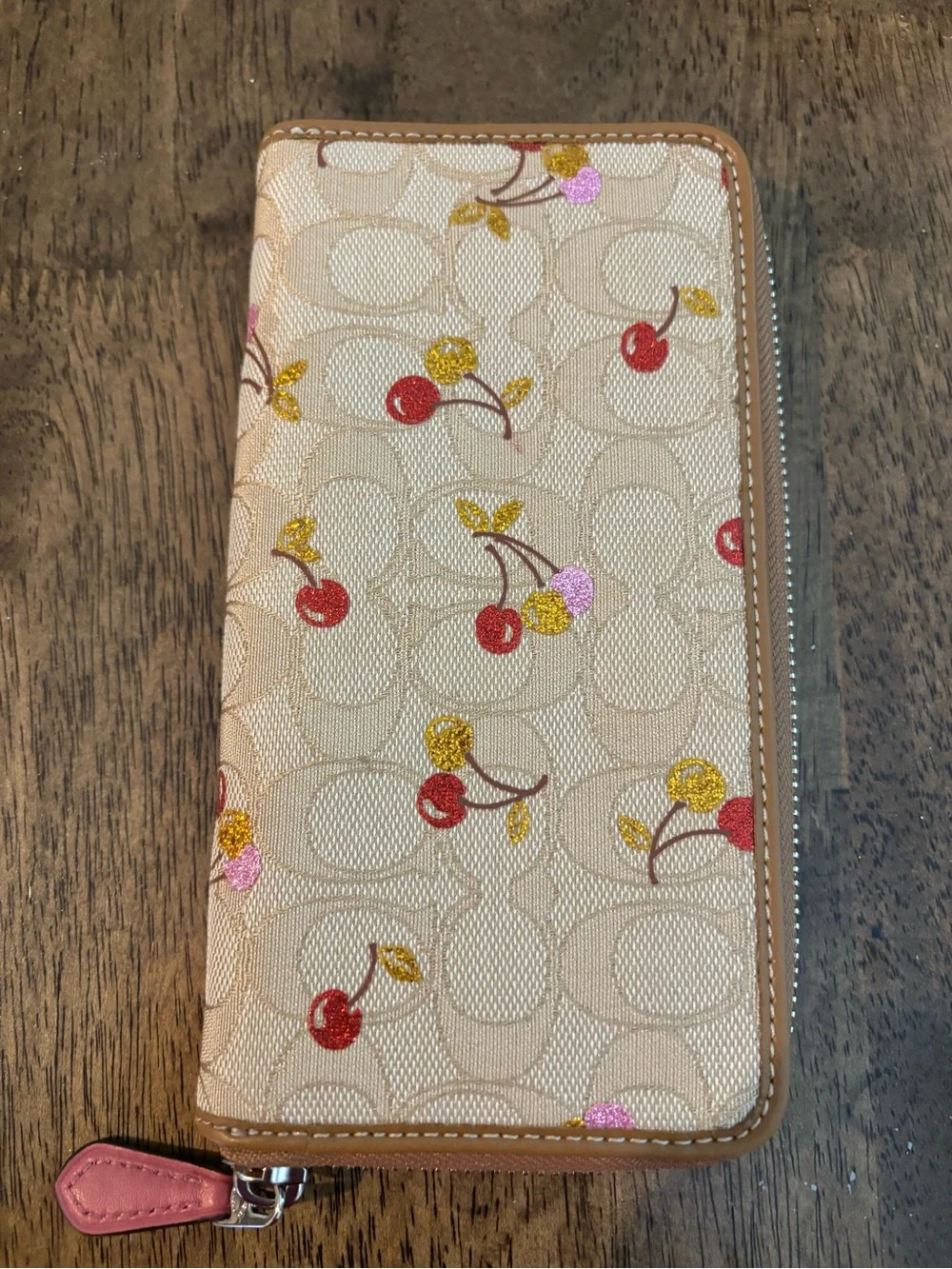 Coach Glitter Cherry Zip Around Accordian Wallet