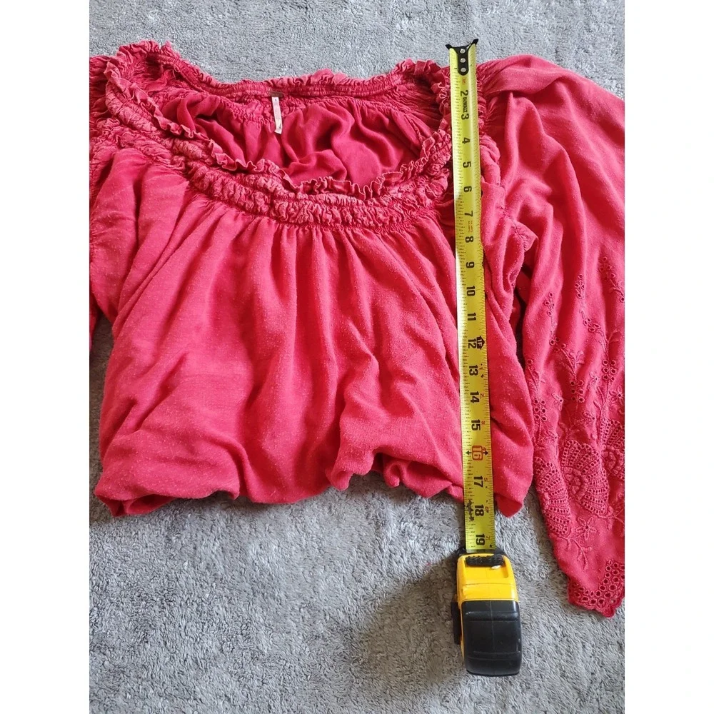 Free People Boho Red Eyelet Embroidered Off Shoulder Crop Top Bell Sleeve M