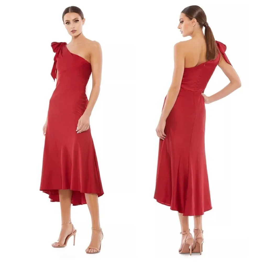 MAC DUGGAL One-Shouder Bow Satin Midi A-Line Dress in Deep Red Size US 8