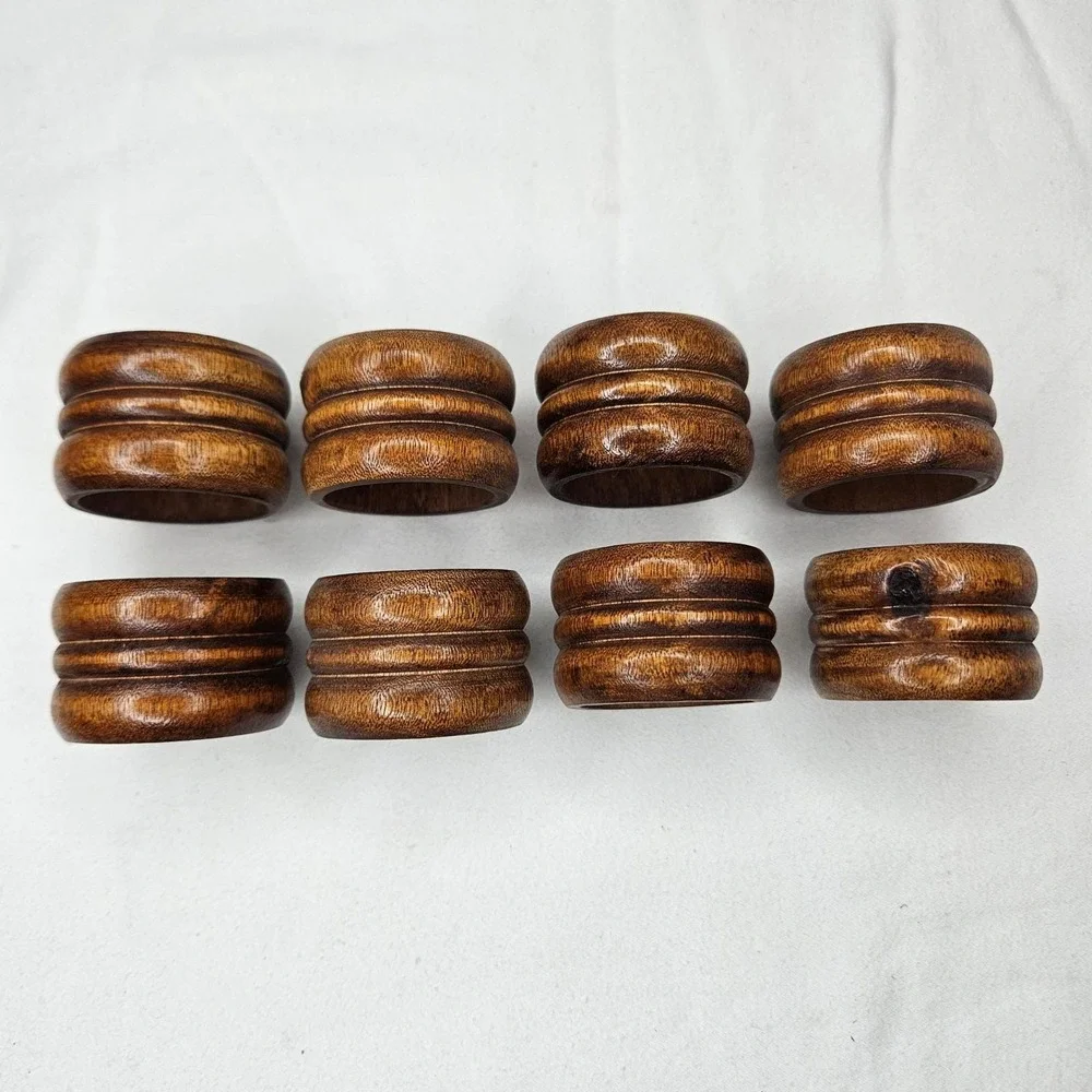 Vtg Knobler Wood Napkin Rings Set of 8 Ribbed Brown MCM Table Decor Taiwan Boho
