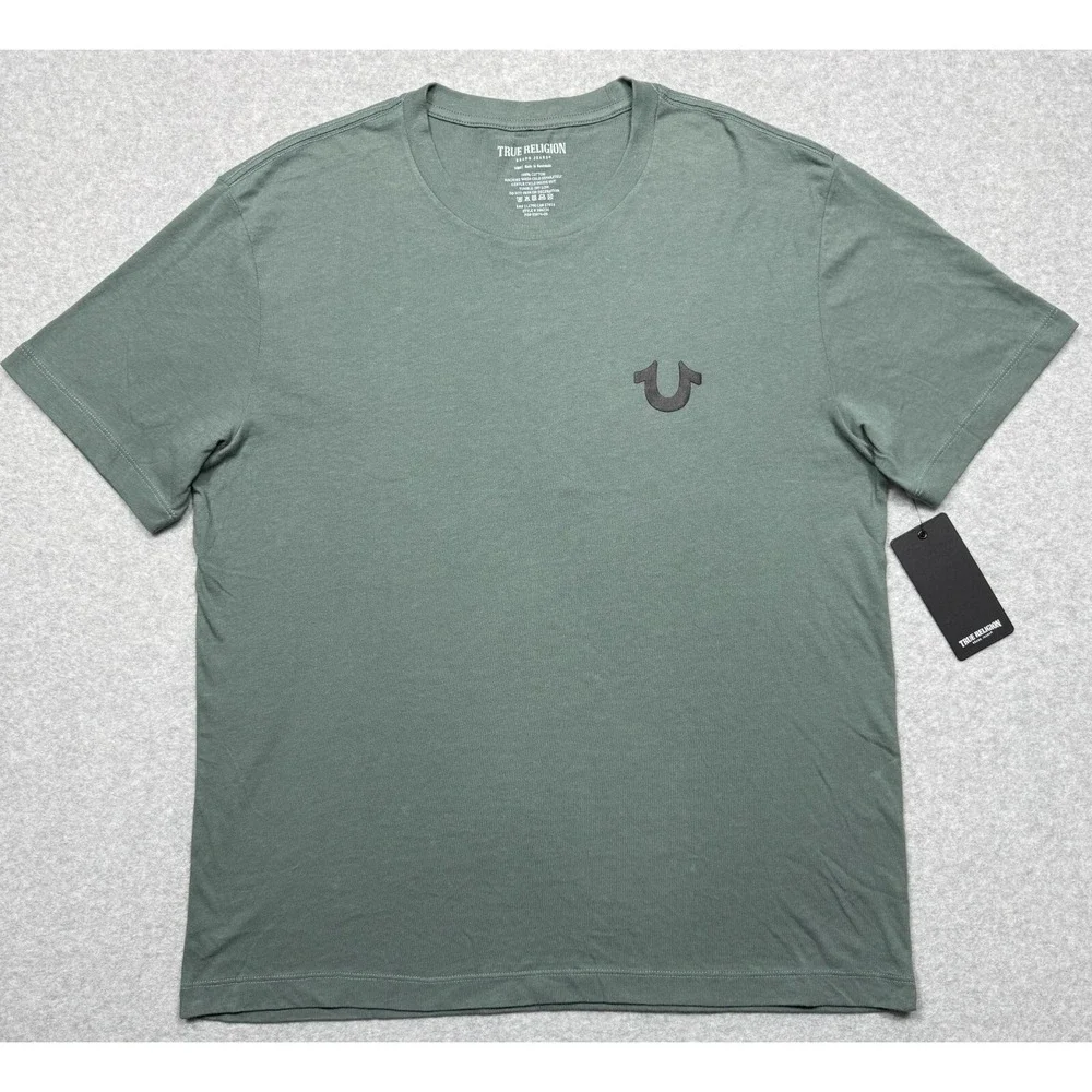 True Religion Shirt Mens Large Green Buddha Logo Seal Short Sleeve Tee *