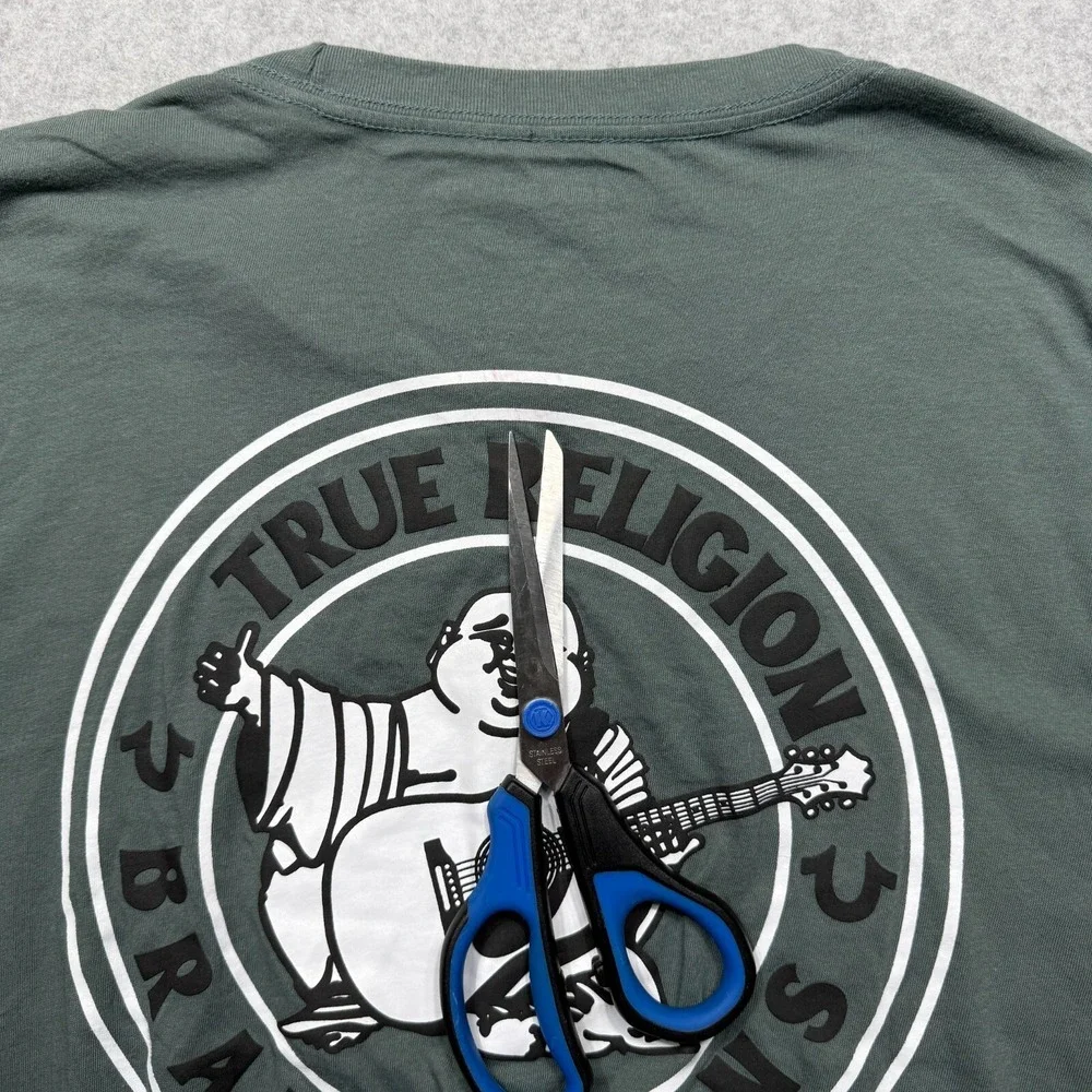 True Religion Shirt Mens Large Green Buddha Logo Seal Short Sleeve Tee *