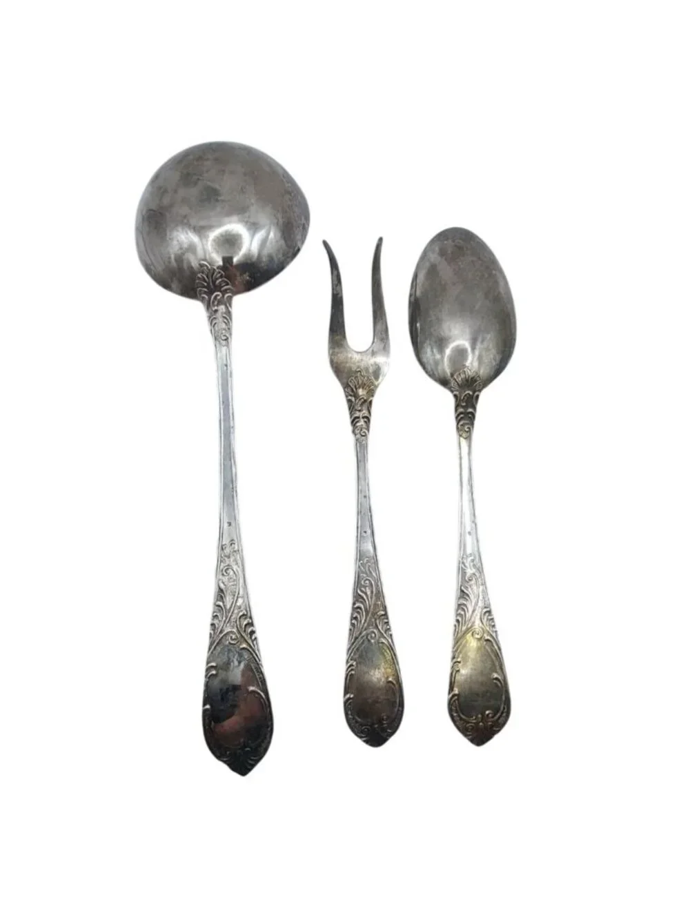 Vintage Ornate Scrollwork Silver Plated Serving Set of 3 Ladle Spoon Fork