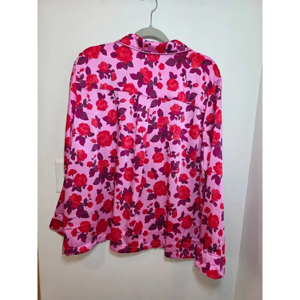 LOFT Pink Floral Silky Pajama Set Size XXL / 2X Satin Notch Colar
