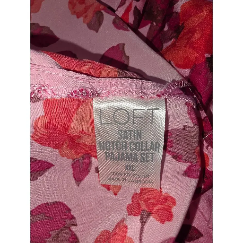 LOFT Pink Floral Silky Pajama Set Size XXL / 2X Satin Notch Colar