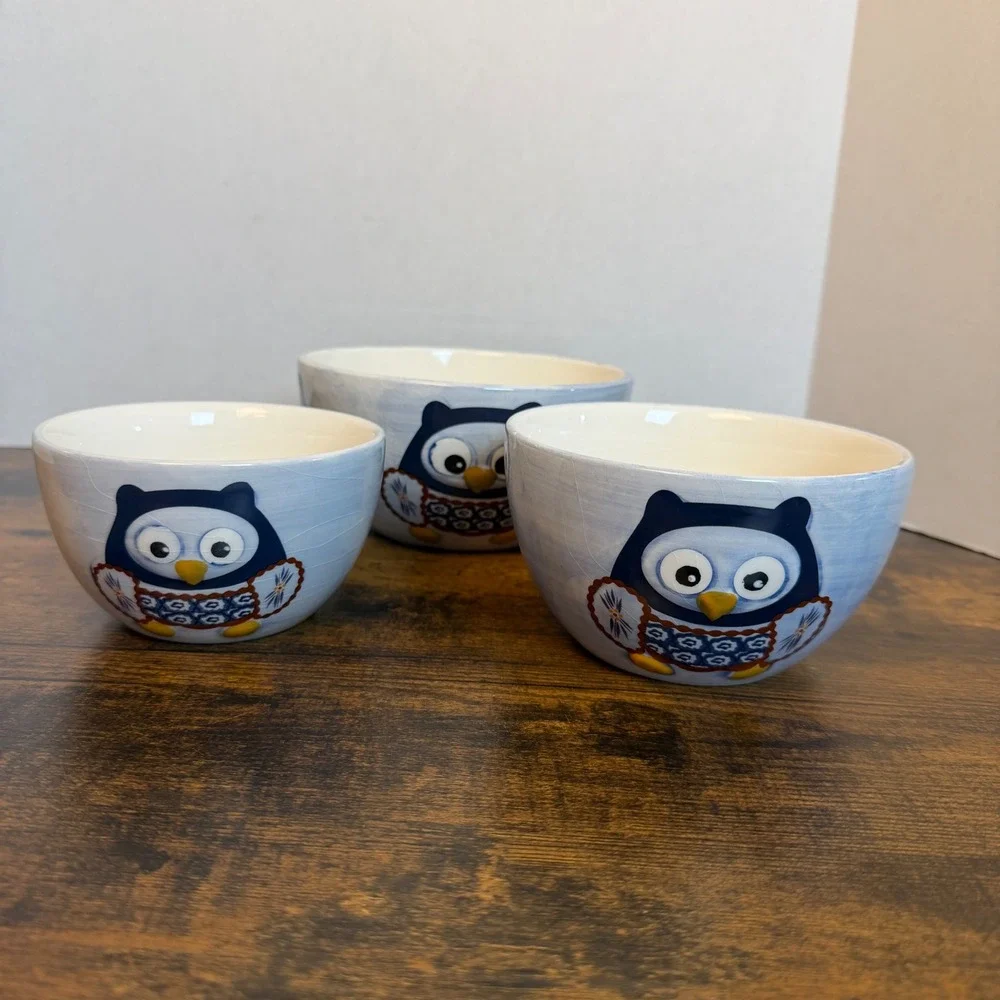 Temp-tations Nesting Bowls Set Of 3 Blue Old World Owl Ceramic Kitchenware
