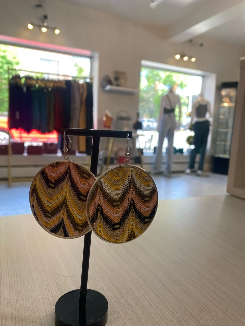 Round Chevron Pattern Statement Earrings in Mustard, Pink & Black