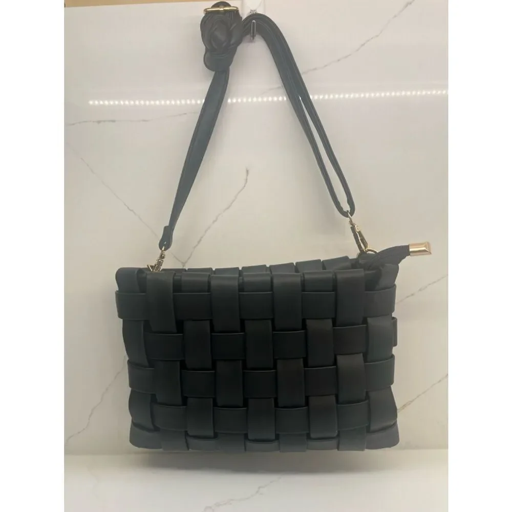 Anthro Woven Black Shoulder Bag Gold Hardware Knot Strap Chic