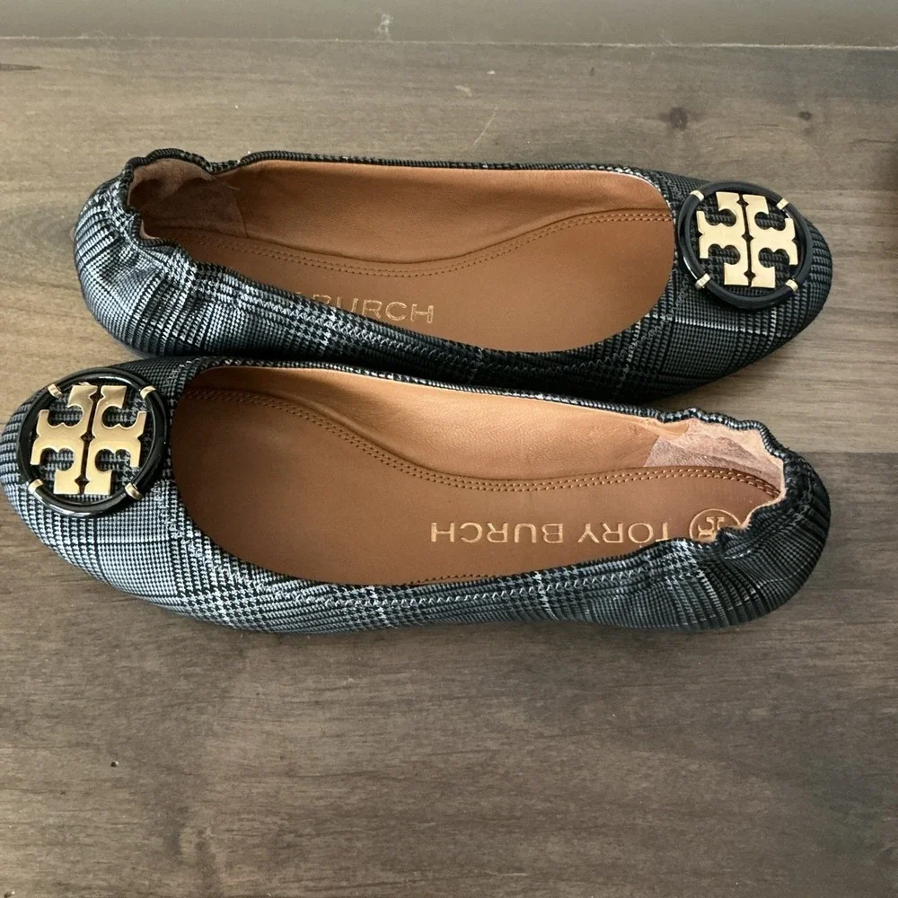 Tory Burch Multi Logo Elastic Prince Of Wales Ballet 7 EUC!