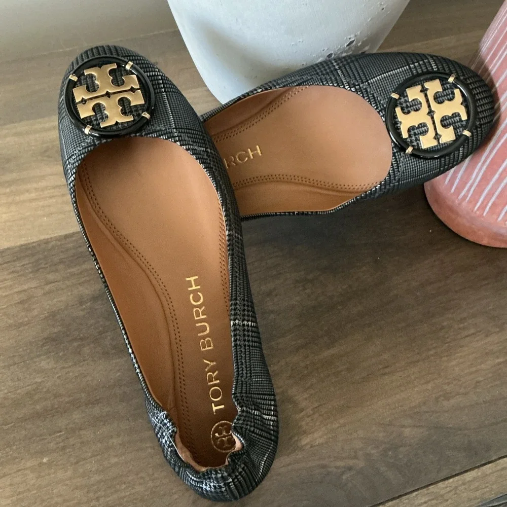 Tory Burch Multi Logo Elastic Prince Of Wales Ballet 7 EUC!