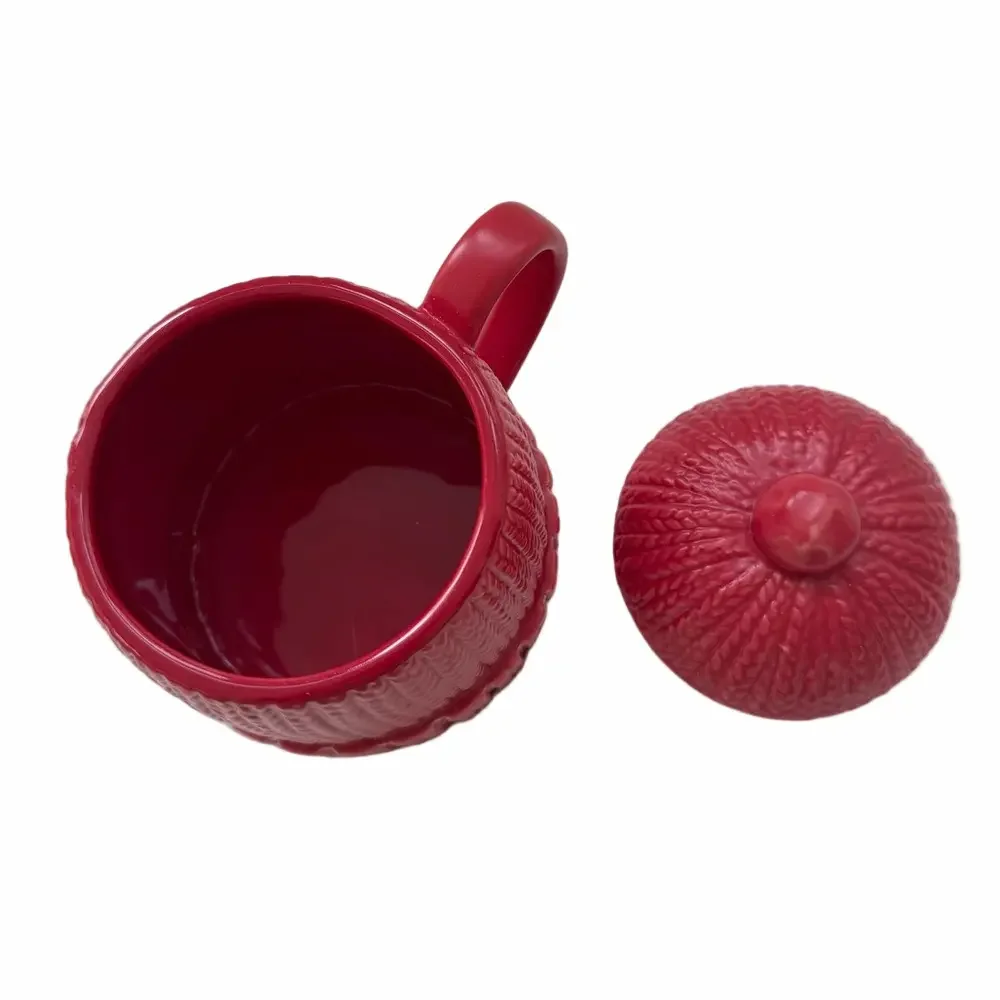 West Elm Red Stoneware Knit Ski Cap Hat Hot Chocolate Coffee Mug w/ Lid EUC