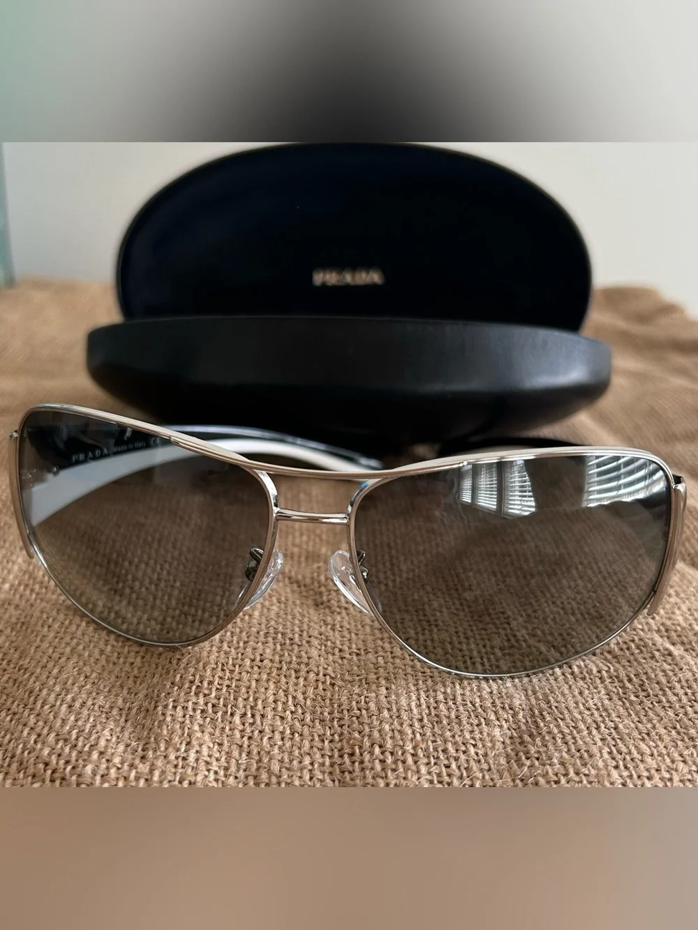 Prada Silver Framed Aviator Sunglasses with Gray Lenses SPR 85G64*14 6BA-3M1 115