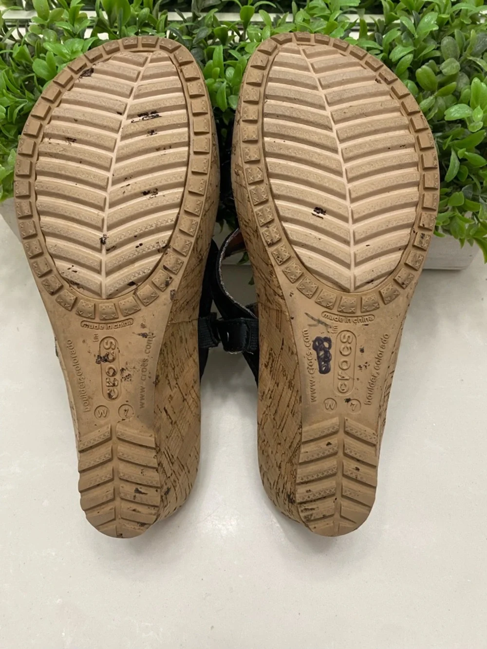 Crocs A-Leigh Black Leather Cork Plaid Lined Wedge Slide Sandals - Women's 7