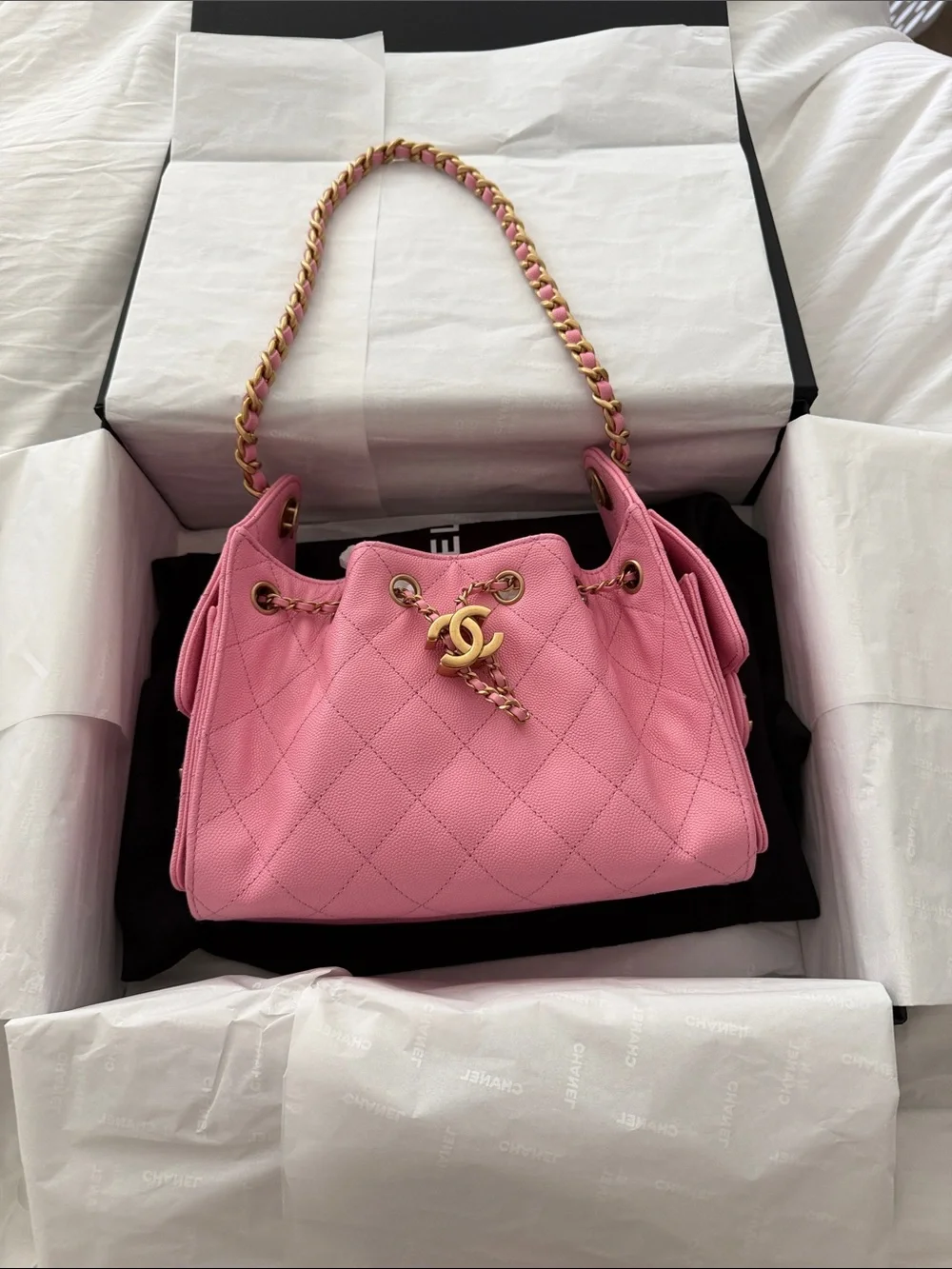 NWT CHANEL MINI Pink 25 Quilted Drawstring Shoulder Bag with Gold Chain