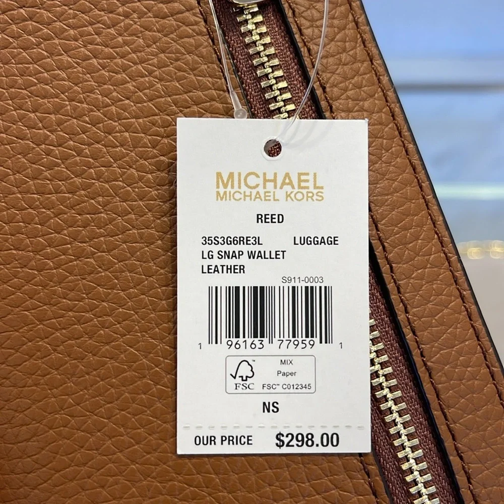Michael Kors Reed Lg Bifold Pebbled Leather Snap Wallet Card Case Luggage NWT