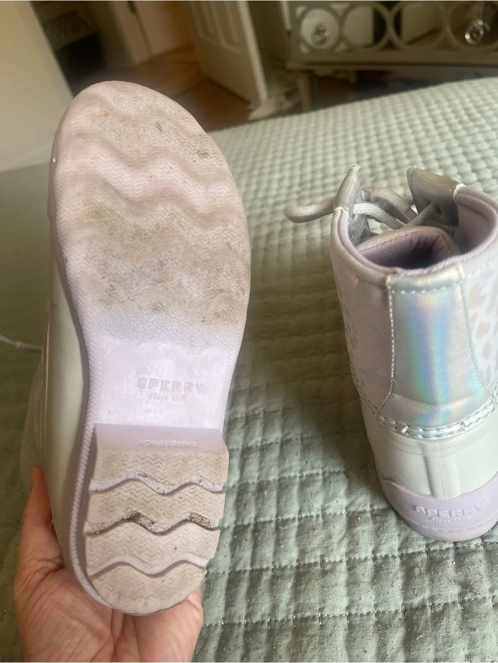 Kids Sperry Waterproof Lace-Up Duck Boots in White and Lilac