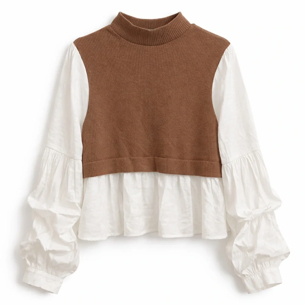 Anthropologie Peplum Sweater Top Size L Brown Ribbed Knit Ruffle Sleeve Blouse