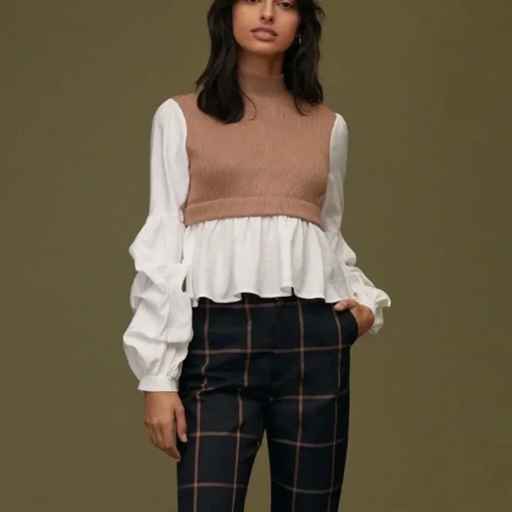 Anthropologie Peplum Sweater Top Size L Brown Ribbed Knit Ruffle Sleeve Blouse