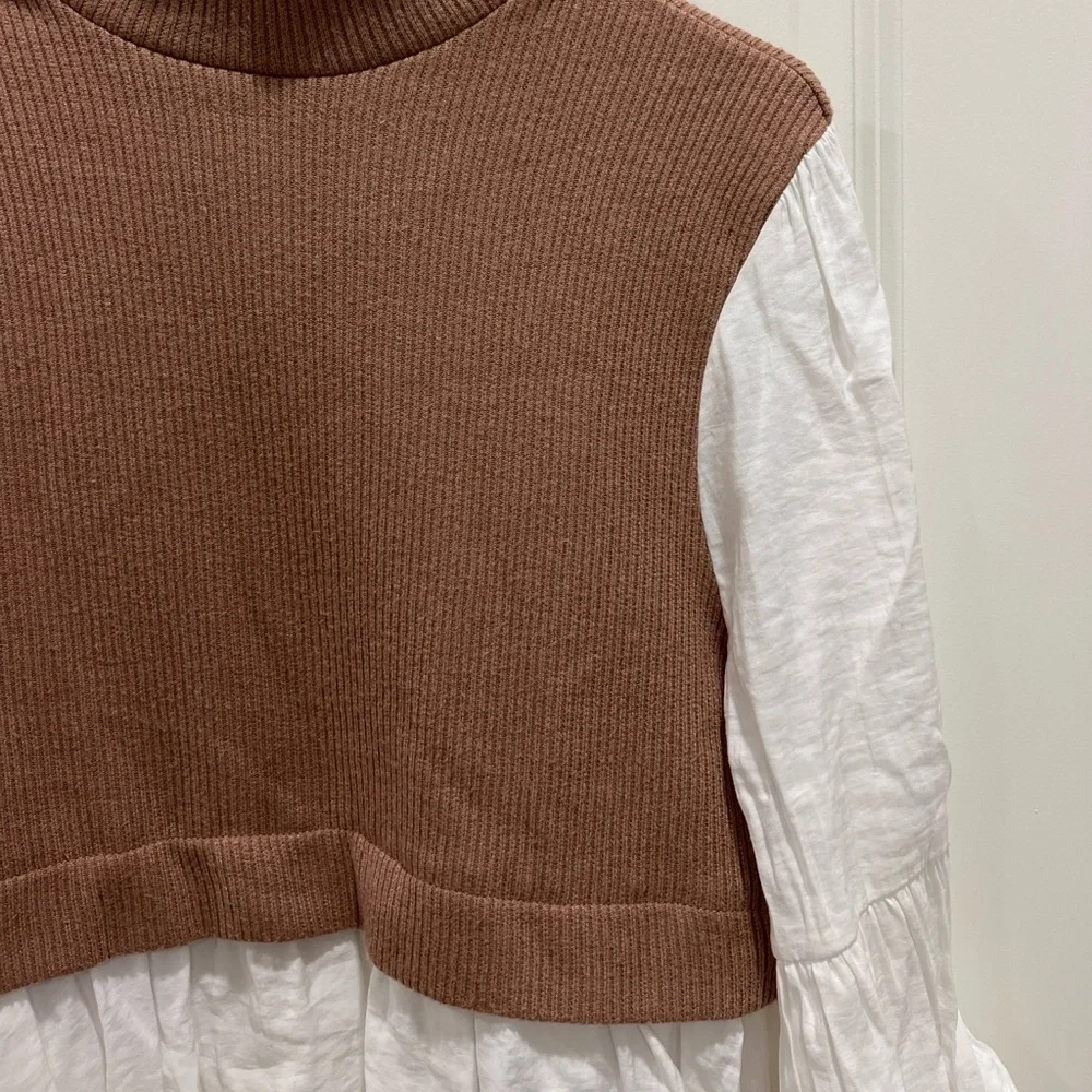 Anthropologie Peplum Sweater Top Size L Brown Ribbed Knit Ruffle Sleeve Blouse