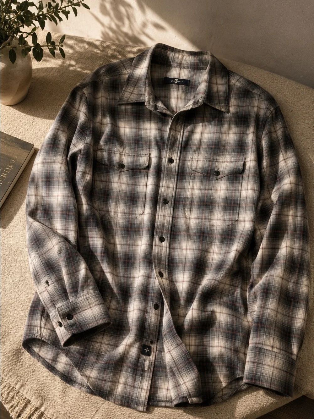 7 For All Mankind Men's Black and White Plaid Shirt