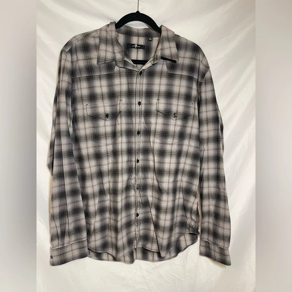 7 For All Mankind Men's Black and White Plaid Shirt