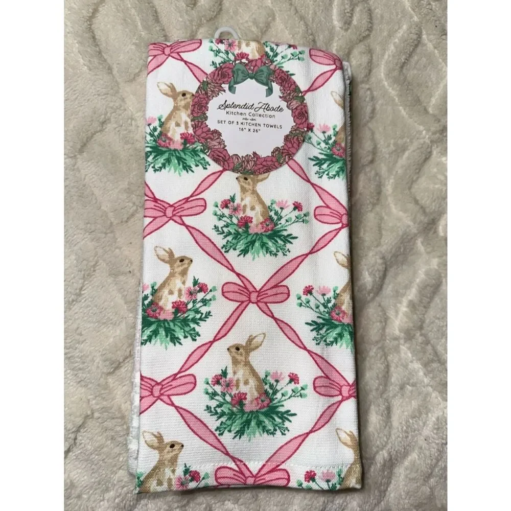 SA Easter Bunny Floral Trellis White Pink Cotton Tea Kitchen Towels Set of 3