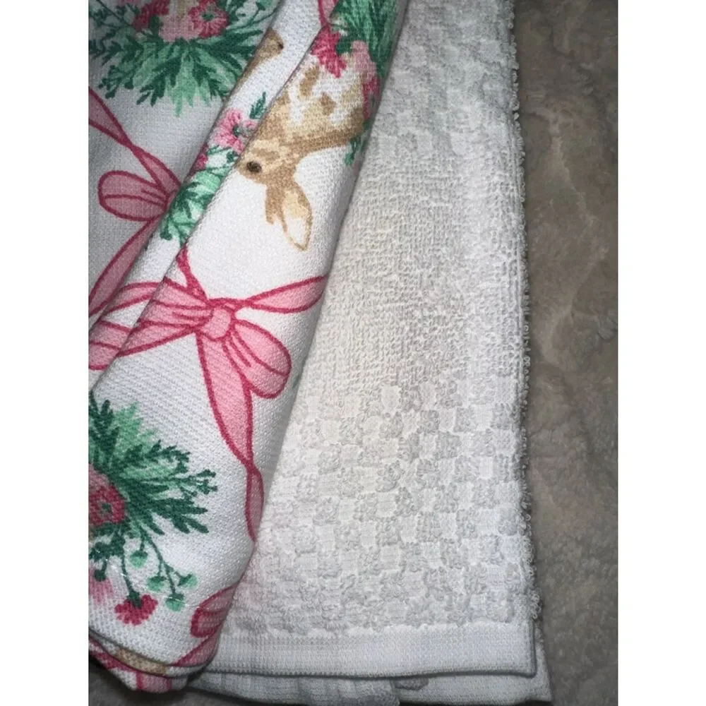 SA Easter Bunny Floral Trellis White Pink Cotton Tea Kitchen Towels Set of 3