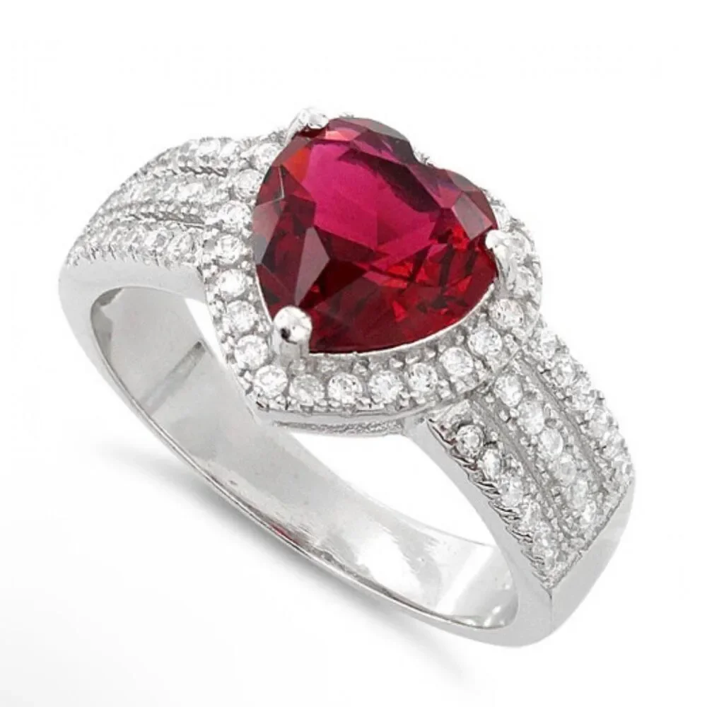 925 Sterling Silver Red Ruby Heart Ring CZ Halo Triple Band Wedding Promise Ring