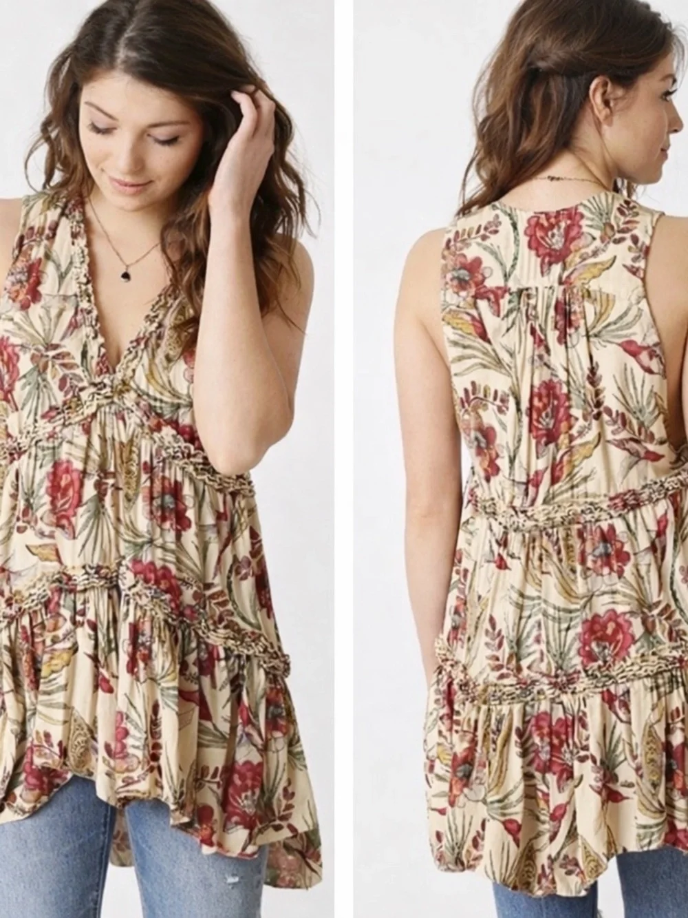 Free People Tiered Layered Floral Bird Print Blouse Top Tunic Small Boho