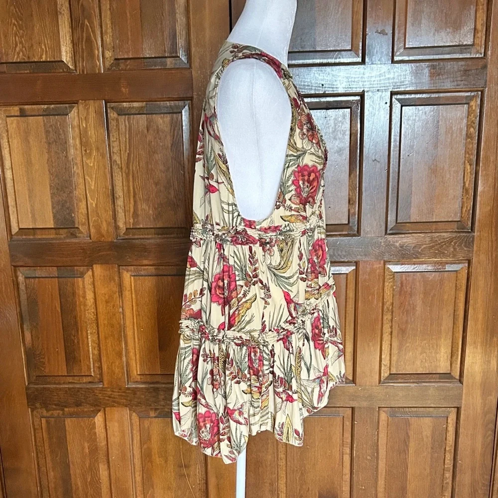 Free People Tiered Layered Floral Bird Print Blouse Top Tunic Small Boho