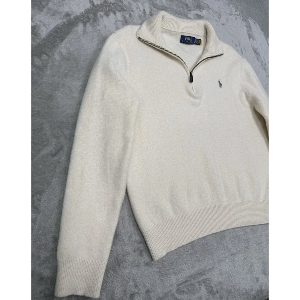 Polo Ralph Lauren 1/4 Zip Pullover Mens XL Cream Ivory White 100% Wool Gray Pony