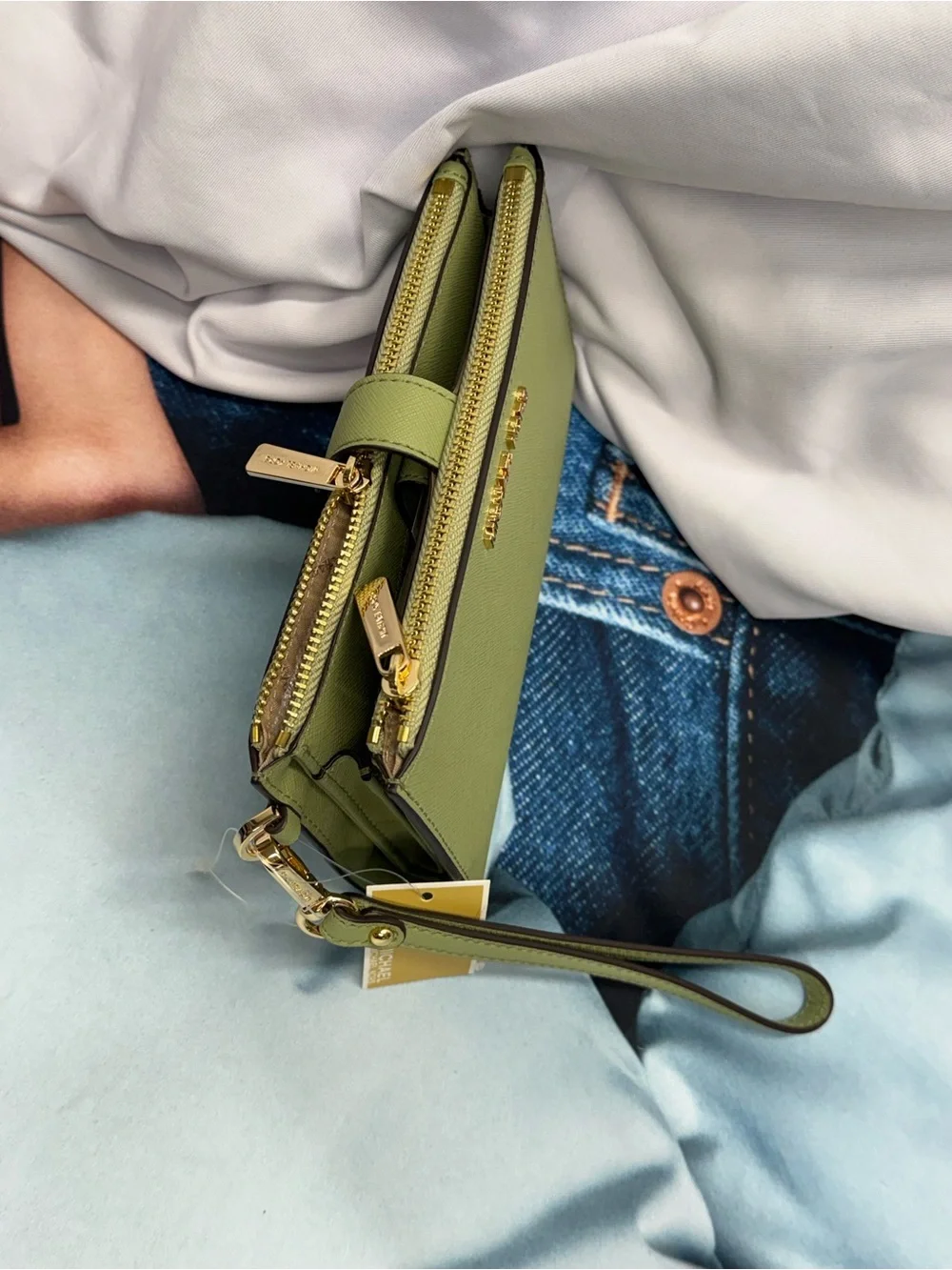 (new+tag) Michael Kors Sage Green Saffiano Leather Wristlet with Gold Hardware