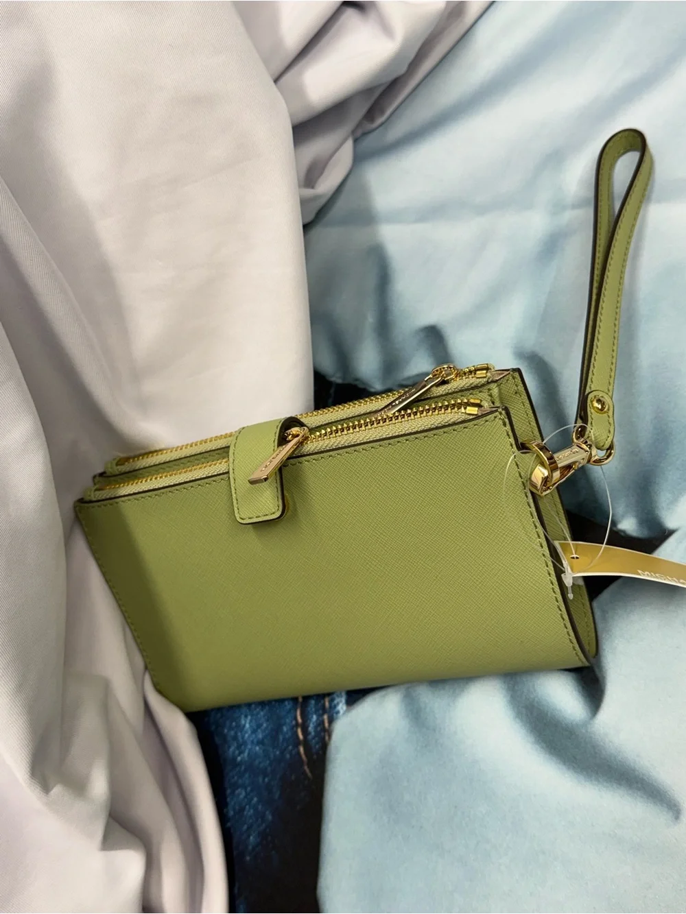 (new+tag) Michael Kors Sage Green Saffiano Leather Wristlet with Gold Hardware