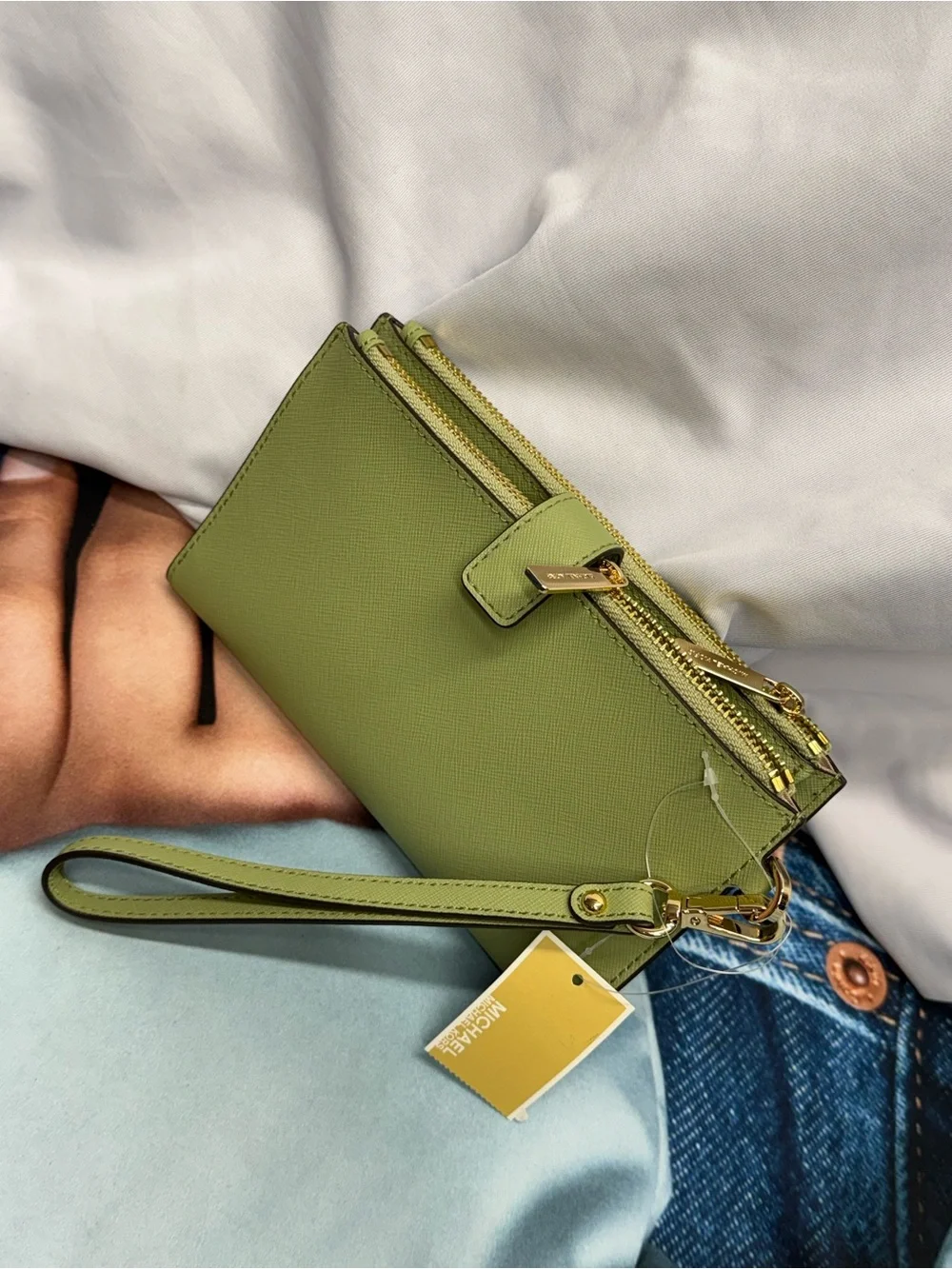 (new+tag) Michael Kors Sage Green Saffiano Leather Wristlet with Gold Hardware