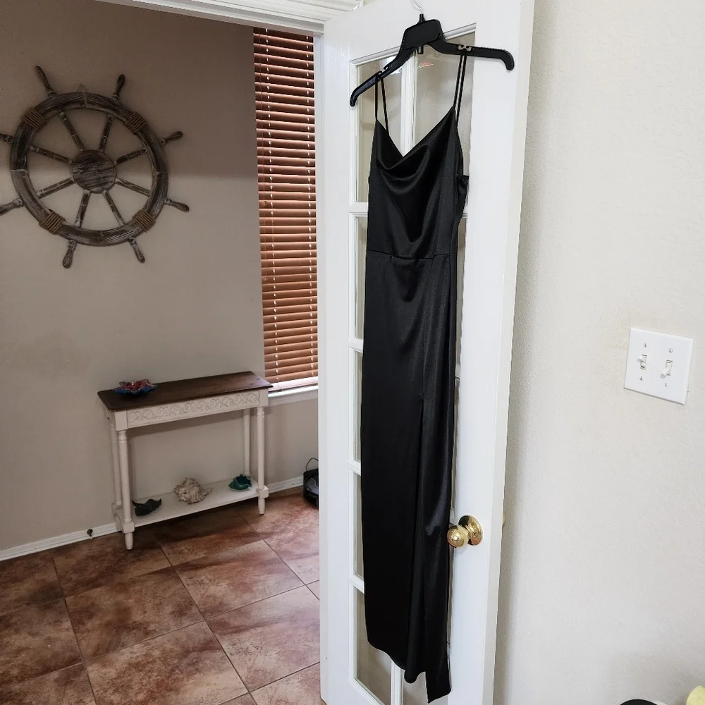 Vibe Sportswear Black Satin Slip Dress Cowl Neck Side Slit Y2K Minimalist 90s