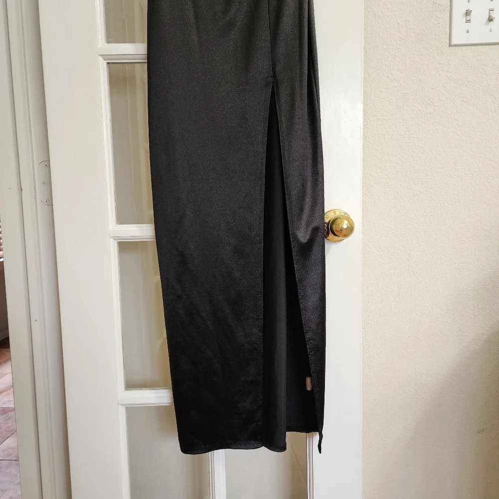 Vibe Sportswear Black Satin Slip Dress Cowl Neck Side Slit Y2K Minimalist 90s