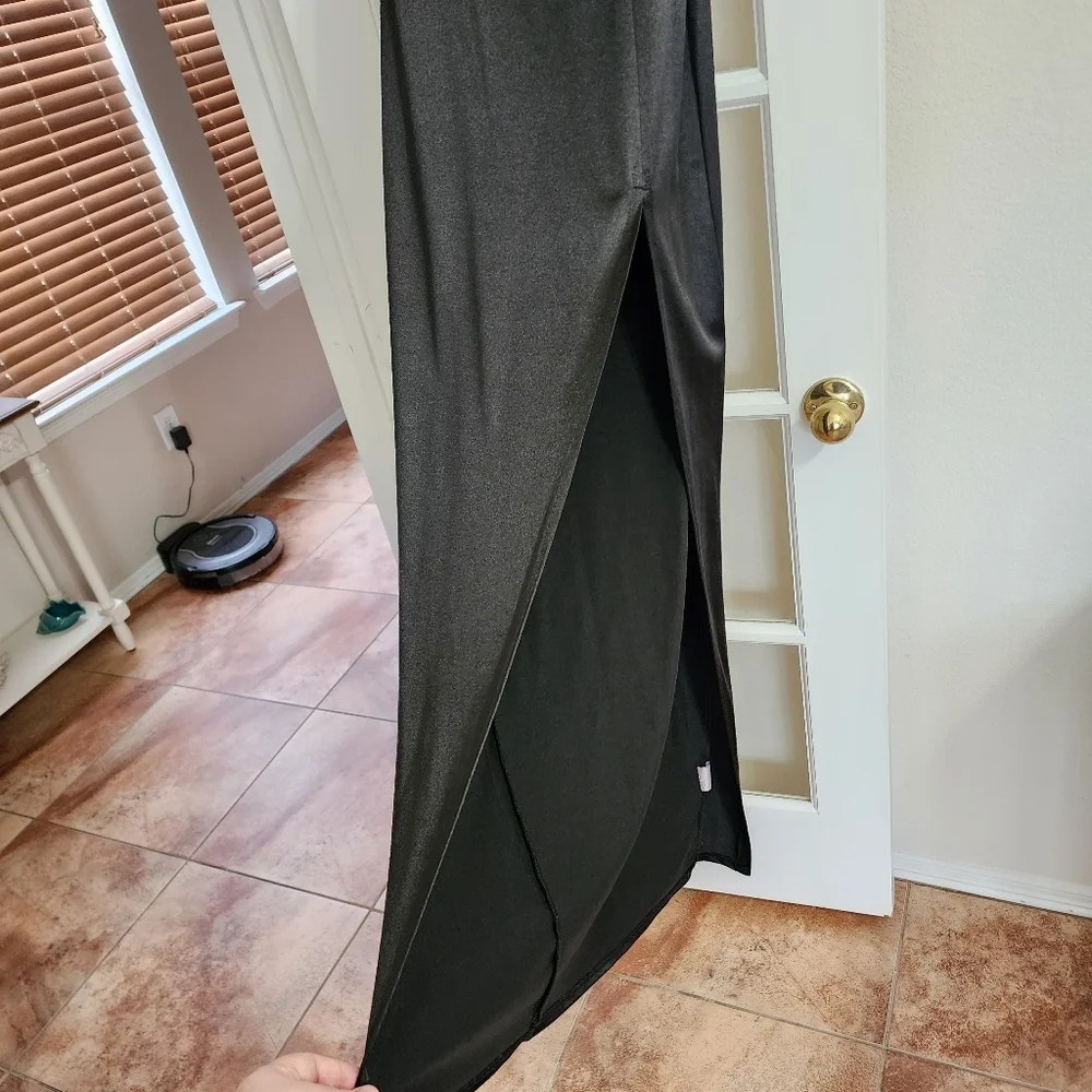 Vibe Sportswear Black Satin Slip Dress Cowl Neck Side Slit Y2K Minimalist 90s