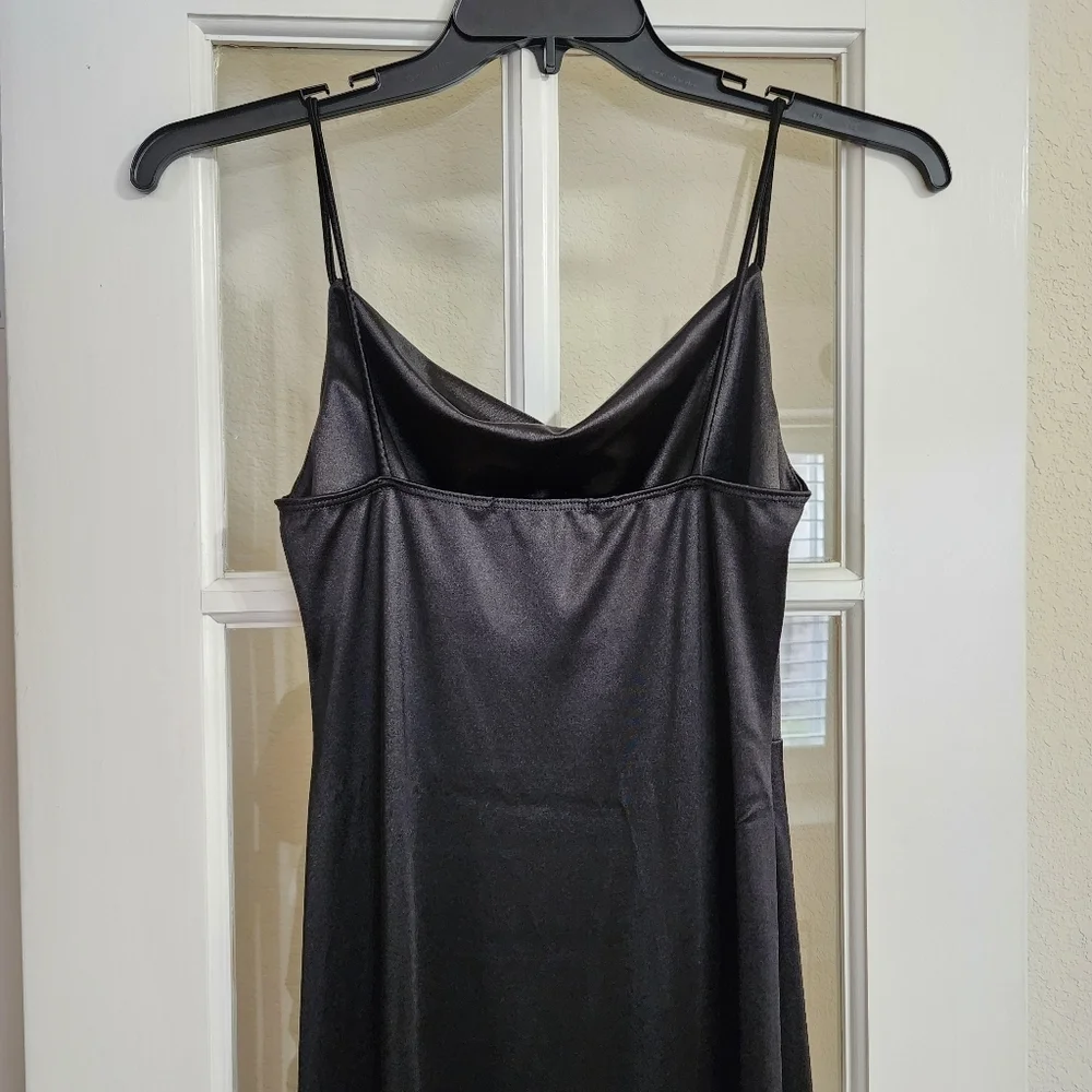 Vibe Sportswear Black Satin Slip Dress Cowl Neck Side Slit Y2K Minimalist 90s