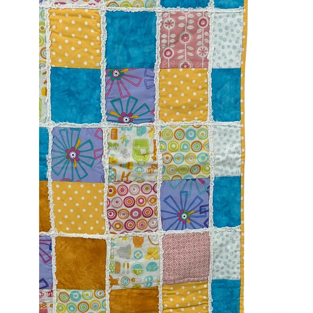 Handmade Reversible Colorful Rag Quilt Patchwork Lap Quilt 44x36