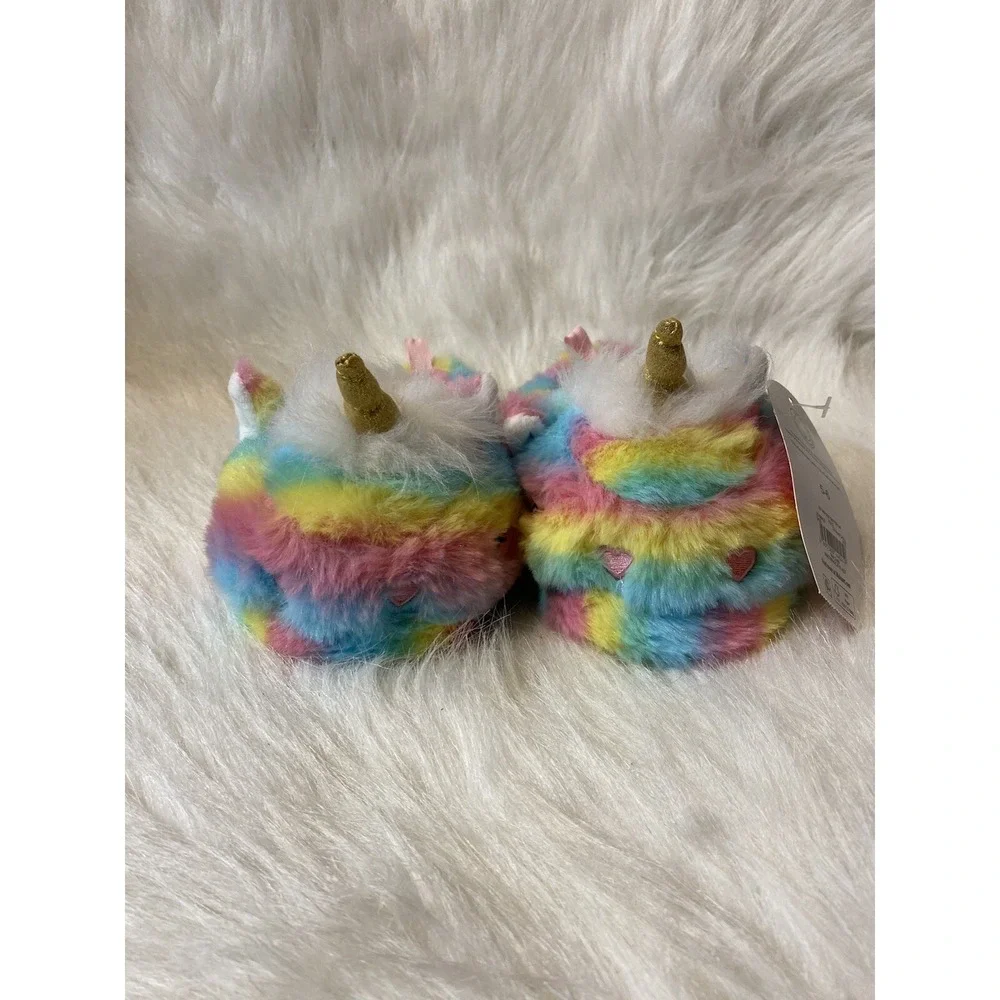 Wonder Nation Plush Rainbow Unicorn Slippers Girls Size 5-6 Fuzzy Slip‎ On Shoes