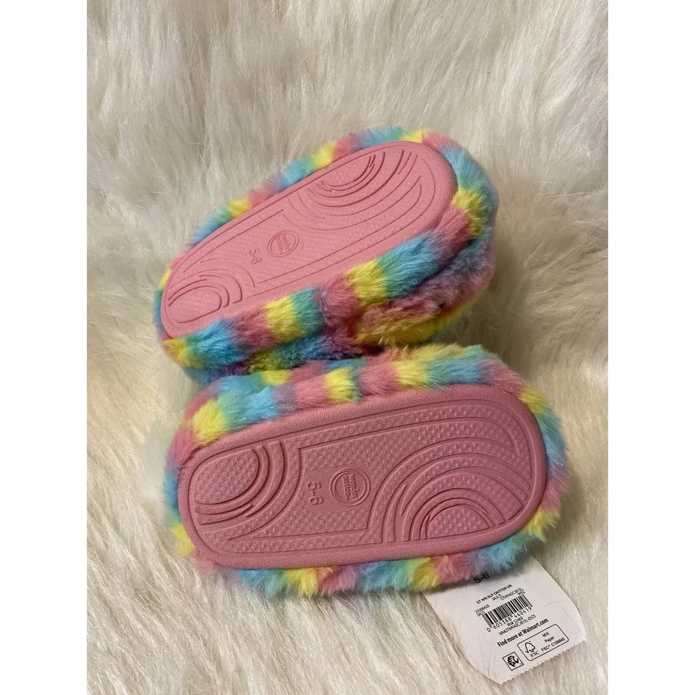 Wonder Nation Plush Rainbow Unicorn Slippers Girls Size 5-6 Fuzzy Slip‎ On Shoes