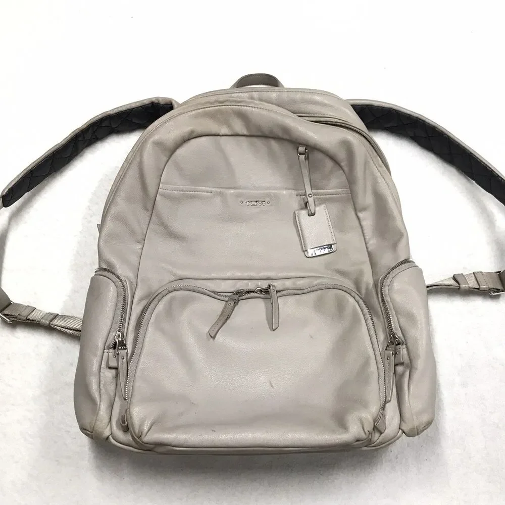 TUMI Voyageur Calais Laptop Backpack Leather Travel Gray Side Zip Padded Shoulde
