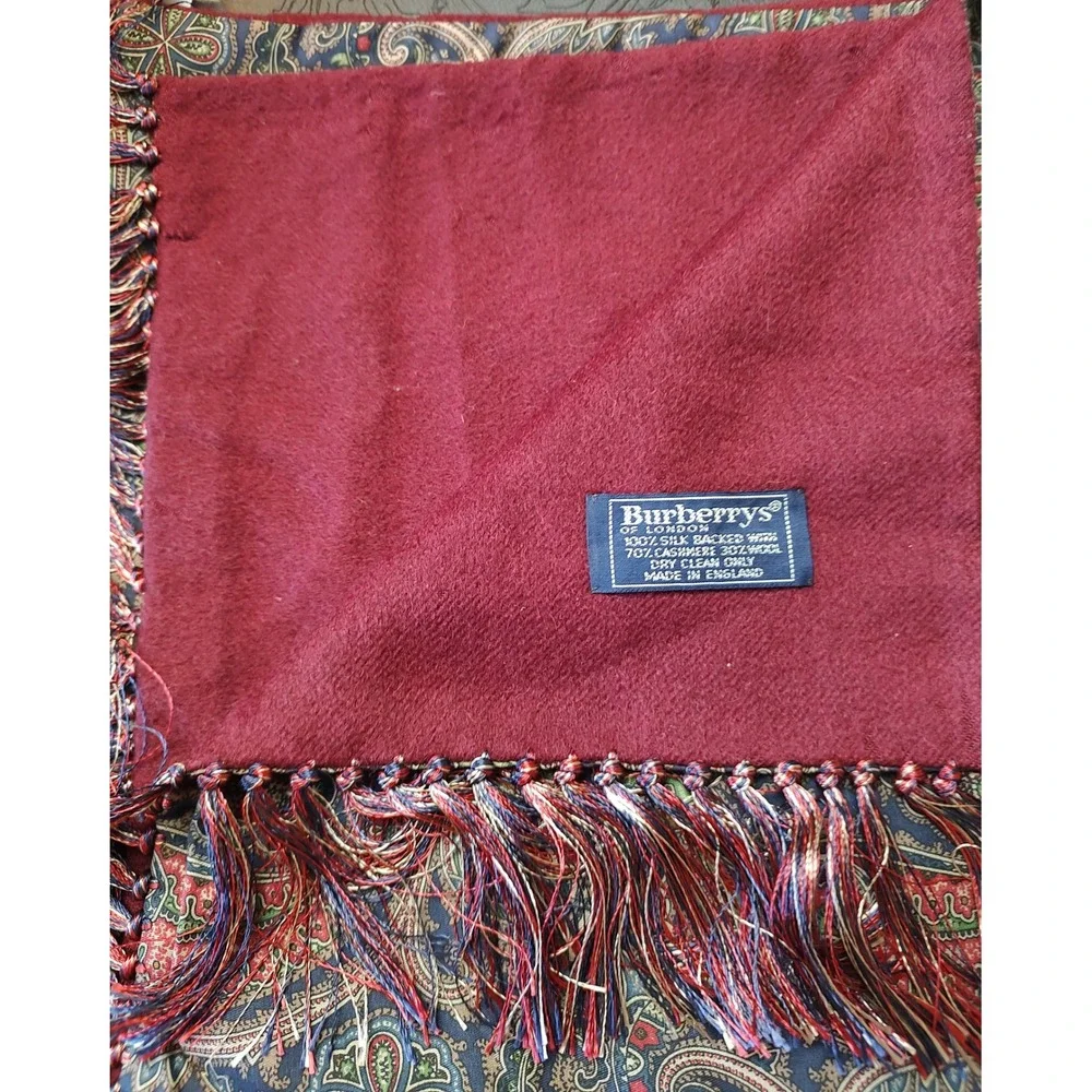 Burberrys Vintage Reversible Scarf Burgundy Cashmere Wool Paisley Silk England