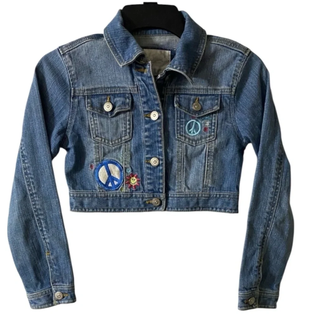 Justice Jean Jacket, Medium wash, Denim, Sz 10, Crop, Trucker, Embroidery​
