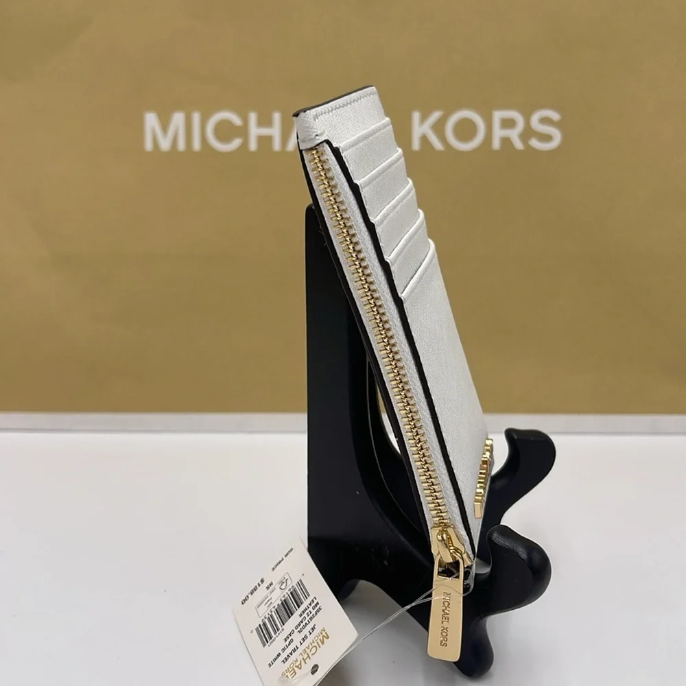 Michael Kors Jet Set Travel Medium Leather Zip Around Card Case Optic White NWT