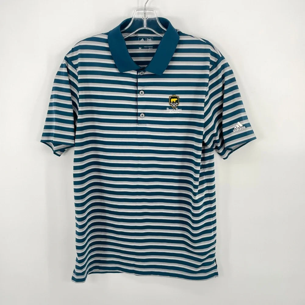 Adidas Golf Polo Shirt Mens Medium Bear's Best Atlanta Blue Striped‎ Athletic