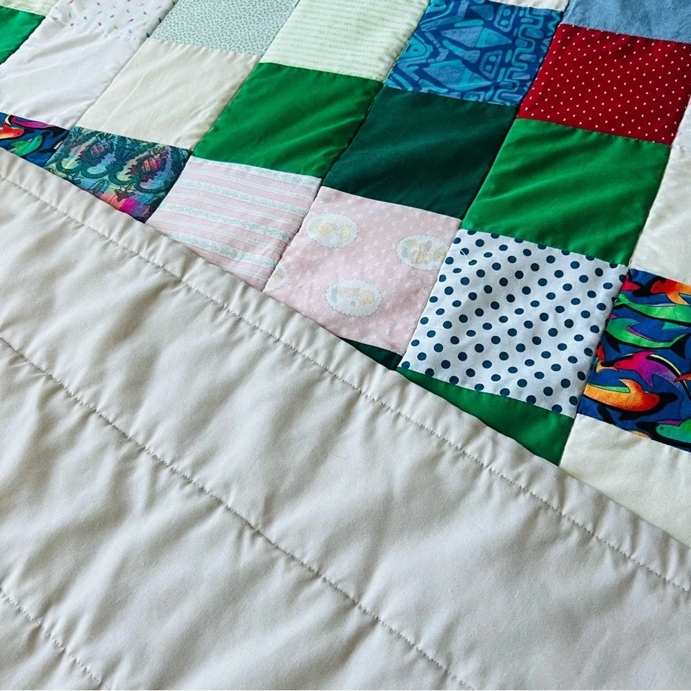 65”x92” Vintage 70’s Patchwork Crazy Squares Cotton Quilt.