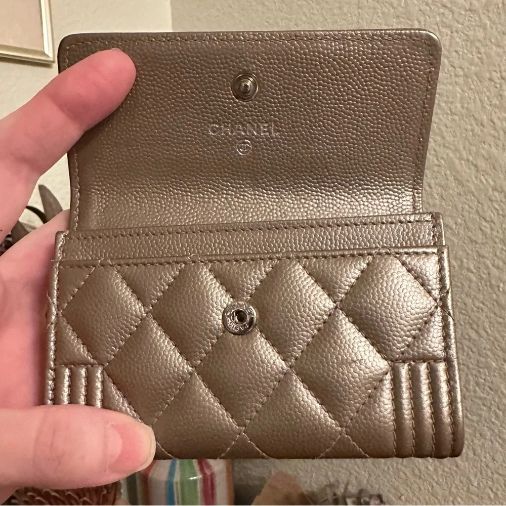 Authentic CHANEL Caviar Quilted Boy Flap Card holder Taupe Lambskin
