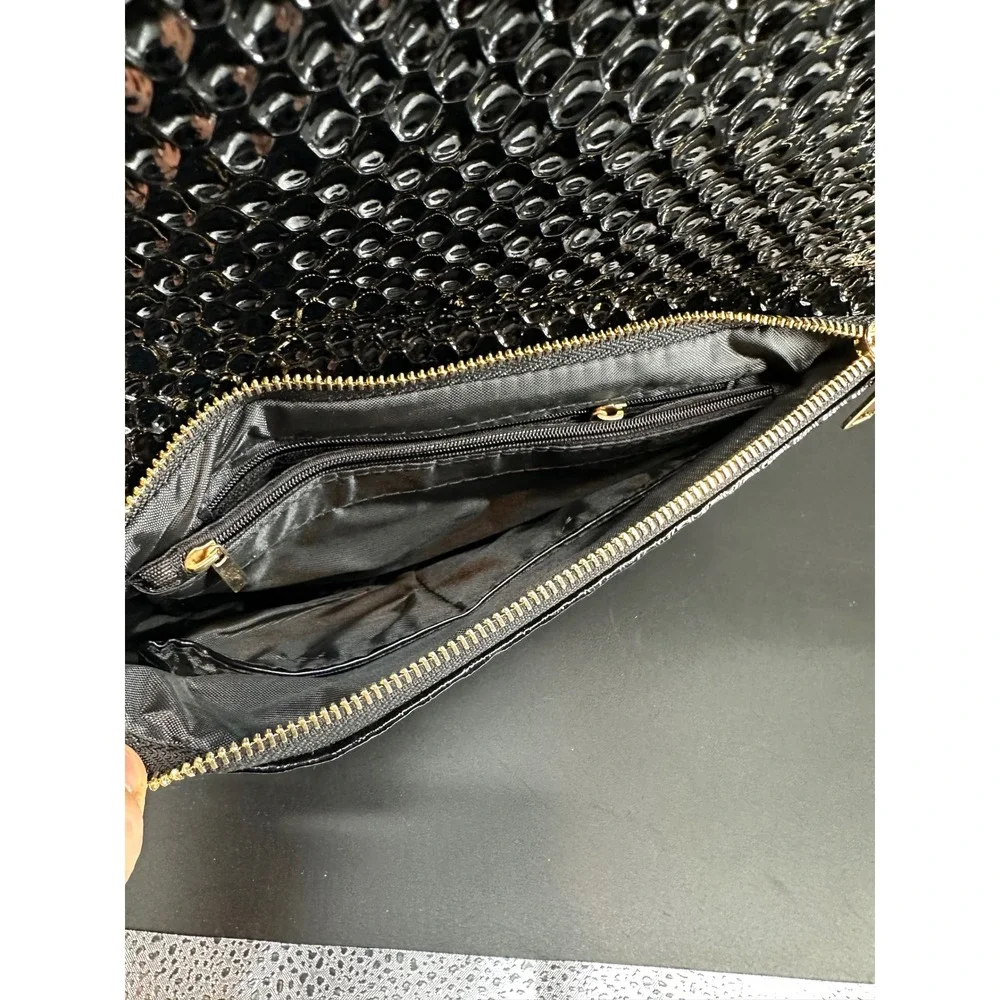 Black Studded Clutch Wristlet Crossbody Bag Rhinestone Snake Embossed Gold Purse